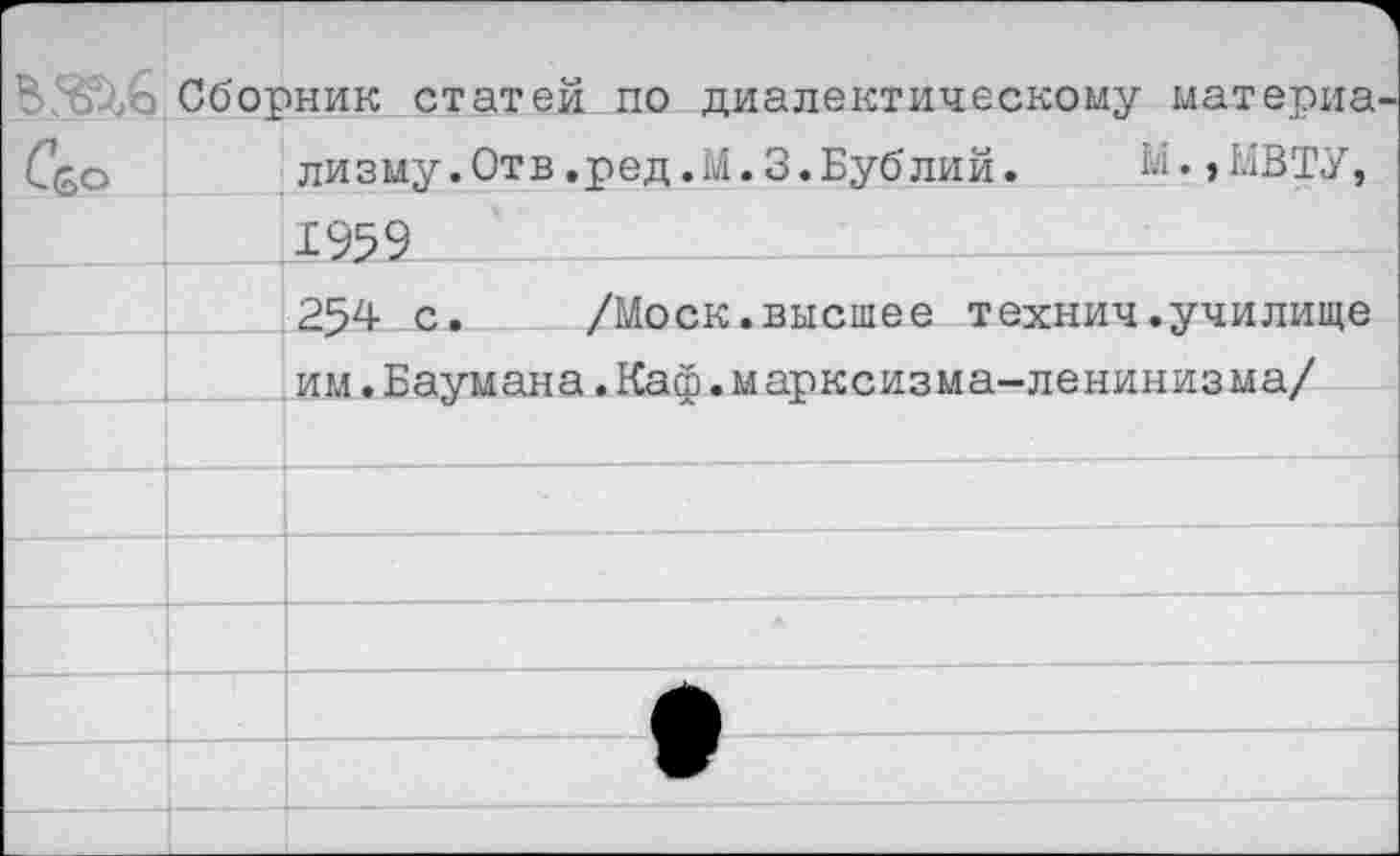 ﻿г?-? Сборник статей по диалектическому материа
С&э лизму.Отв.ред.М.З.Бублий. М.,МВТУ, 1959 254 с. /Моск.высшее технич.училище им.Баумана.Каф.марксизма-ленинизма/